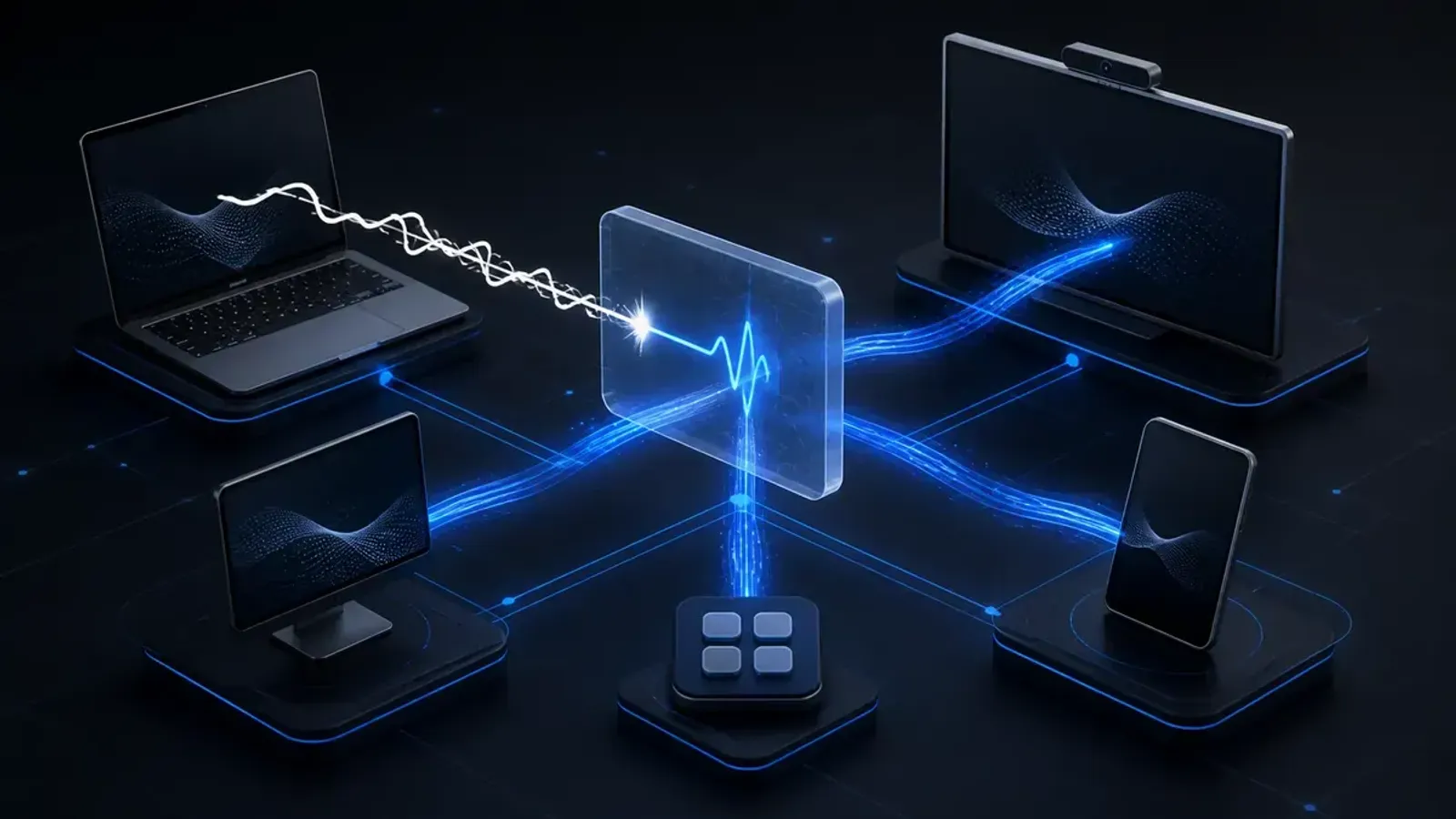 Conceptual video meeting endpoint fleet receiving managed security updates while a blocked annotation attack path is isolated