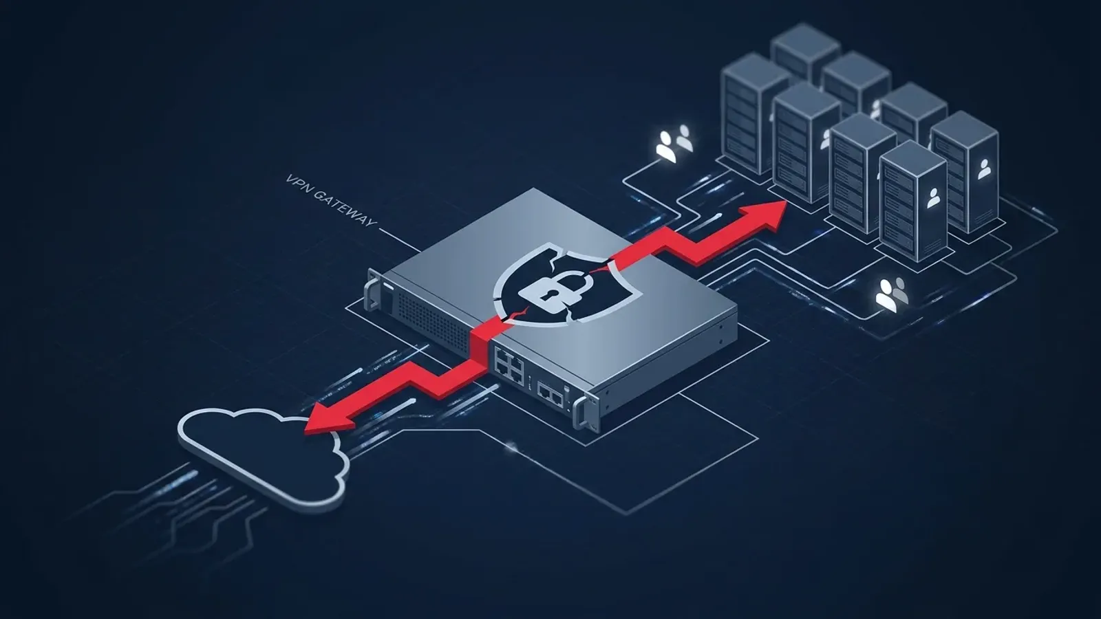 Conceptual illustration of a compromised internet-facing VPN edge appliance breached between the public internet and an internal network