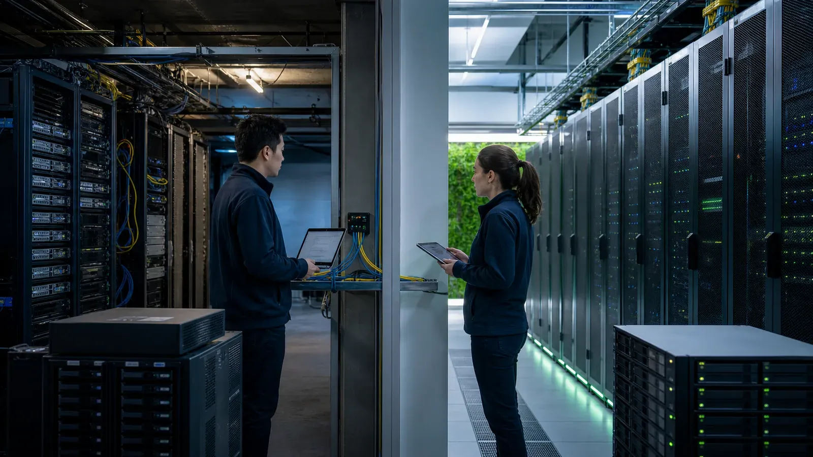 Two engineers with tablets stand between older and modern data center environments