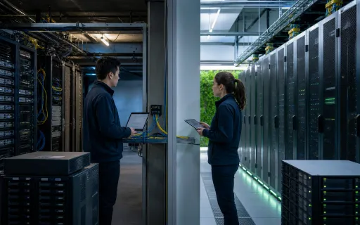 Two engineers with tablets stand between older and modern data center environments