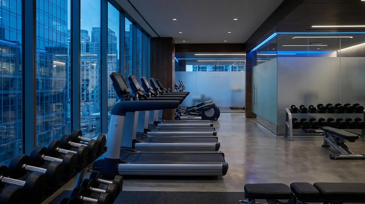 A modern office-building fitness center with treadmills, free weights, and floor-to-ceiling windows overlooking the city