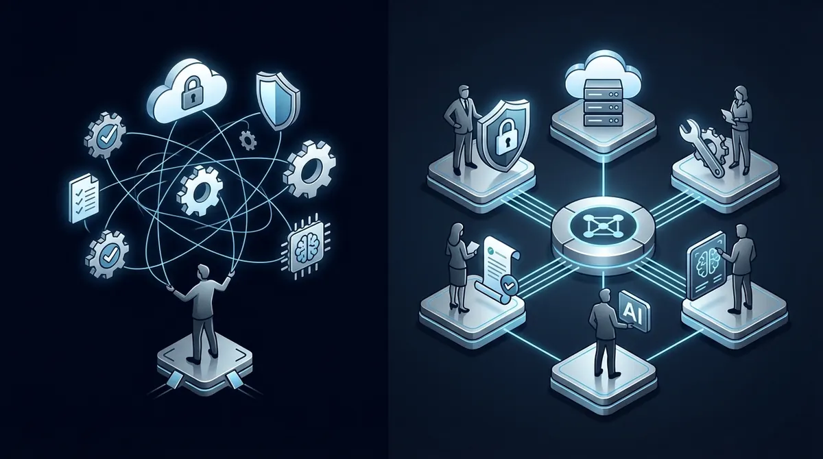 Conceptual isometric illustration comparing a single overwhelmed IT generalist to an organized team of dedicated specialists