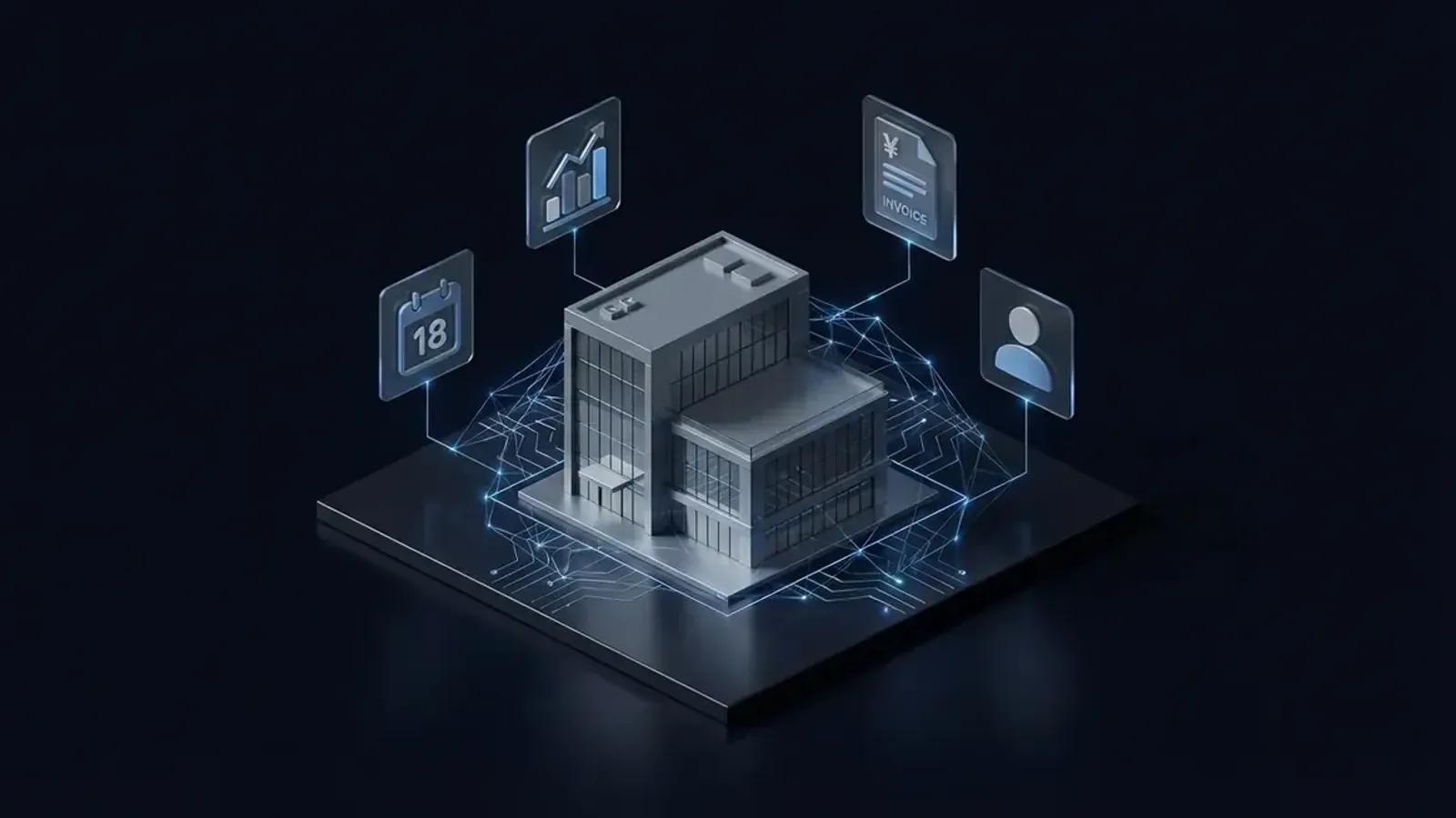 Isometric illustration of a modern office building connected by neural network lines to floating business process icons including analytics, scheduling, invoicing, and customer profiles