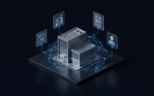 Isometric illustration of a modern office building connected by neural network lines to floating business process icons including analytics, scheduling, invoicing, and customer profiles