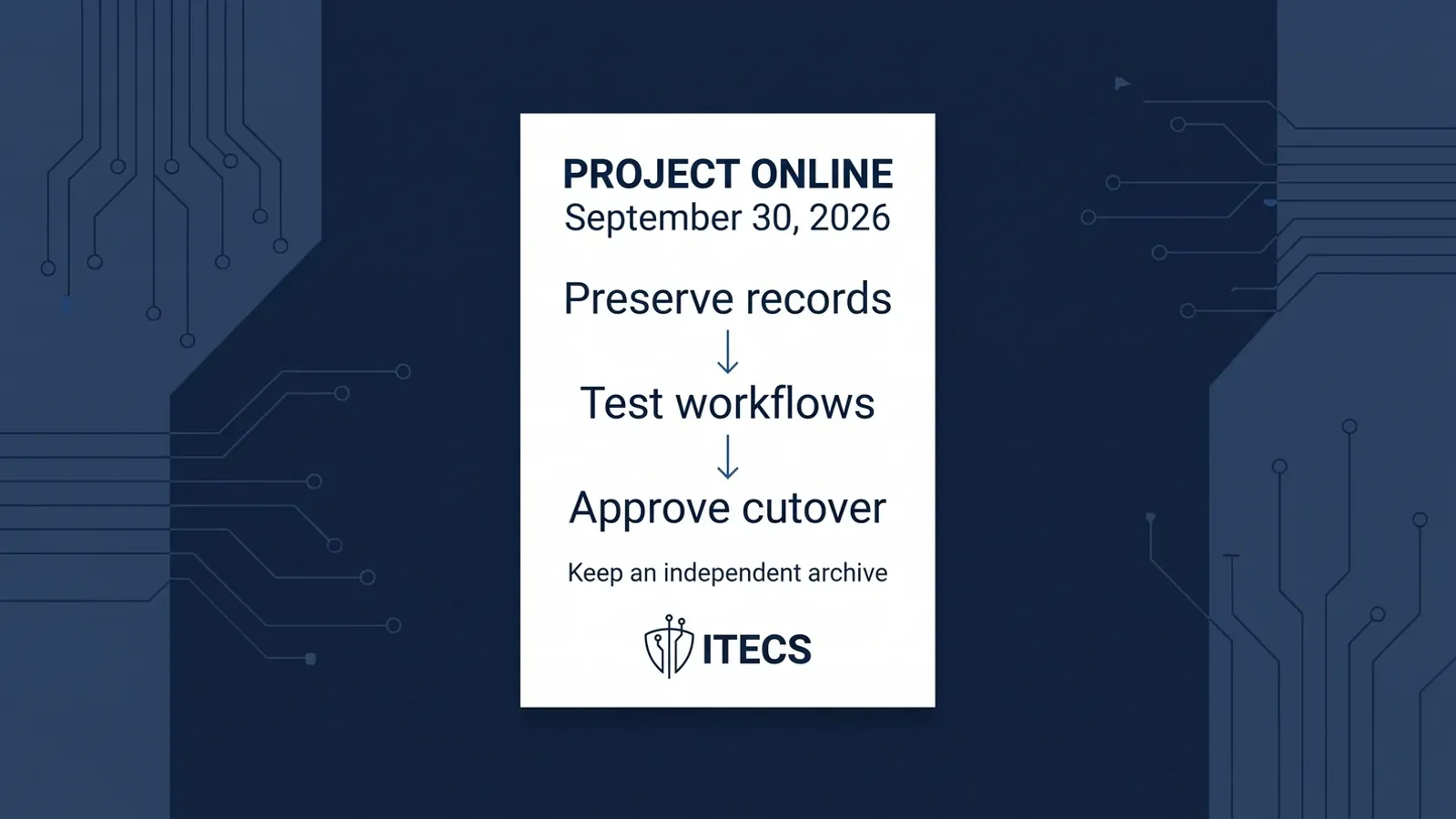 Project Online retirement checklist for September 30, 2026: preserve records, test real workflows, approve cutover, and keep an independent archive.