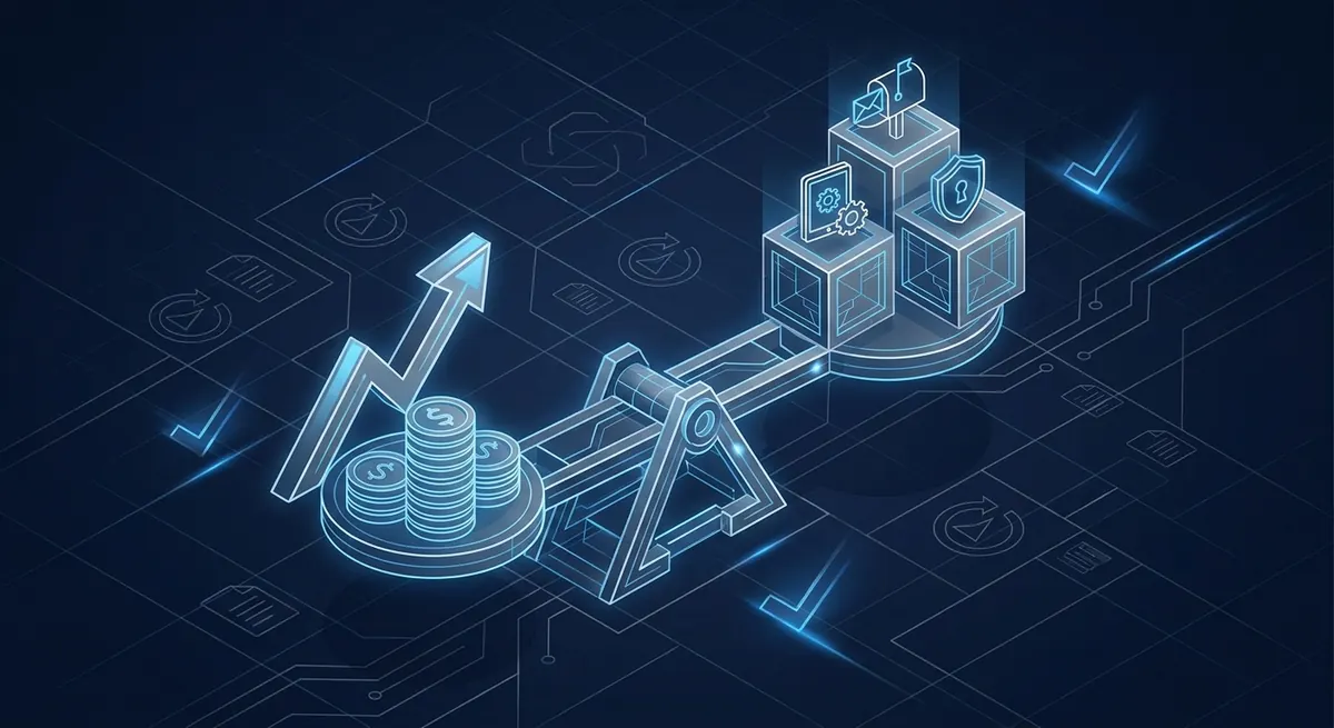 Balance scale weighing a rising cost arrow and coins against security, device management, and mailbox value blocks