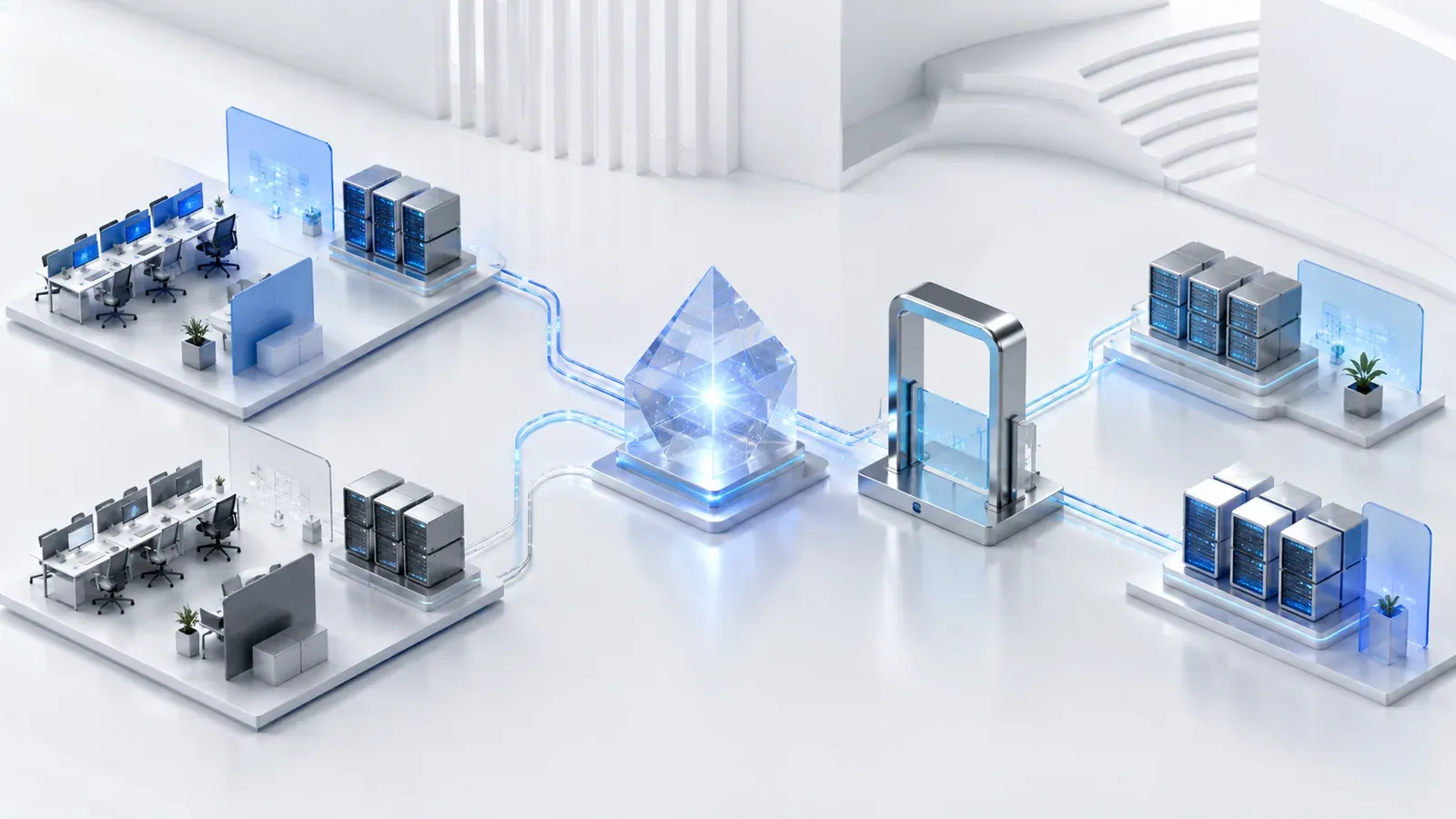 Conceptual illustration of a reasoning prism and review gate connected to separate workstation and server environments.