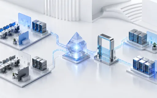 Conceptual illustration of a reasoning prism and review gate connected to separate workstation and server environments.