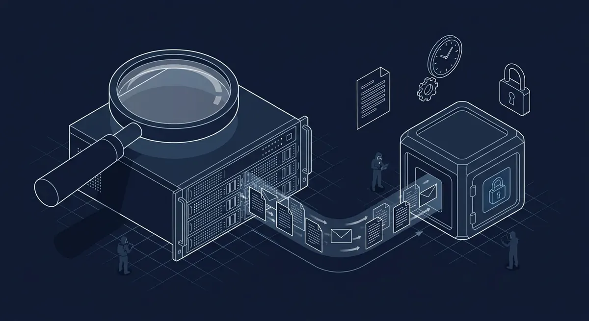Isometric illustration of forensic evidence being captured from a network appliance into a secure evidence vault before the device is wiped