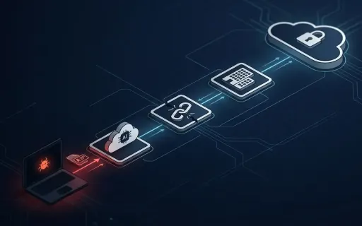 Isometric illustration of a supply-chain attack chain from a compromised developer laptop through a third-party AI vendor into an enterprise cloud environment