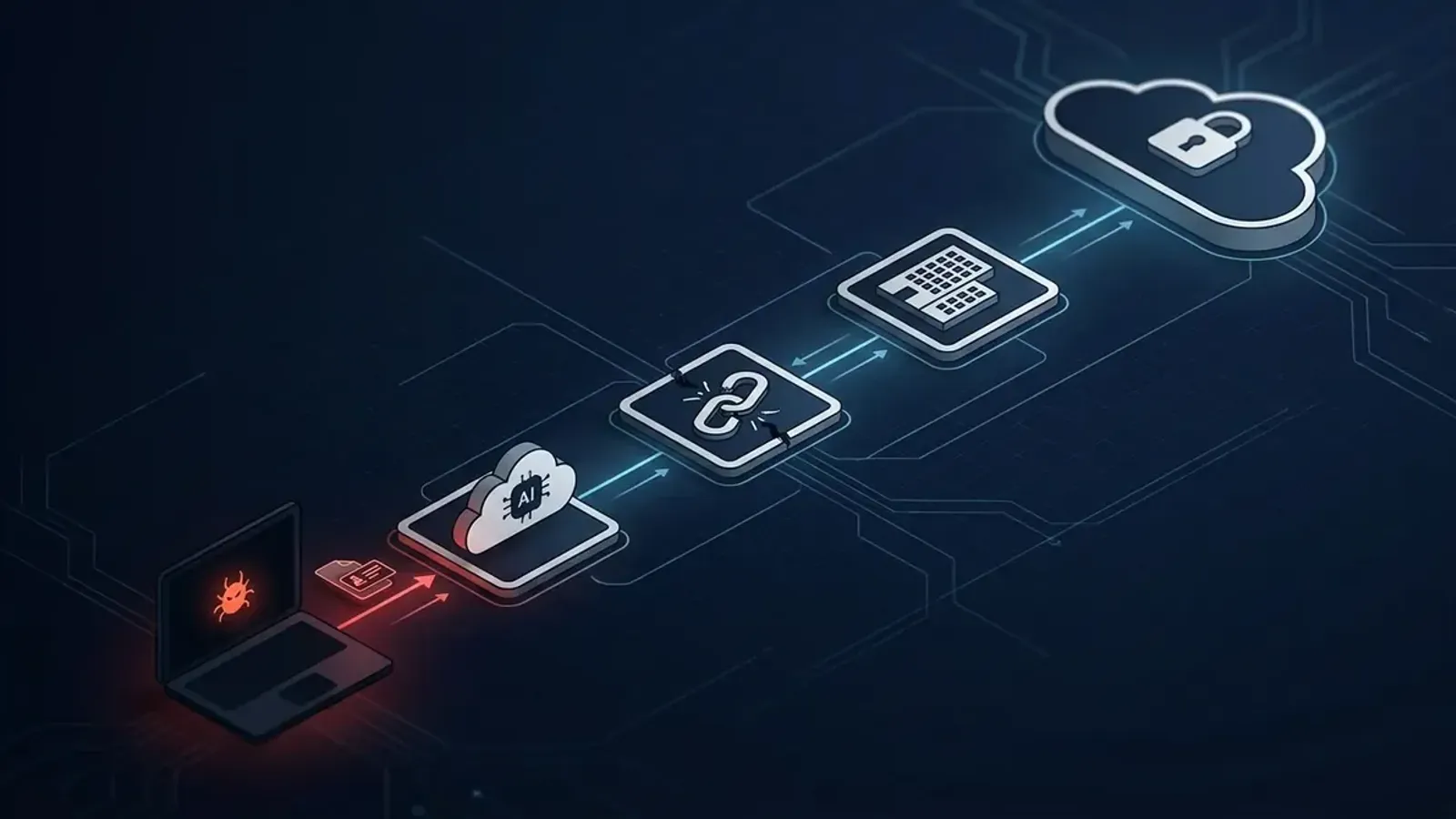 Isometric illustration of a supply-chain attack chain from a compromised developer laptop through a third-party AI vendor into an enterprise cloud environment