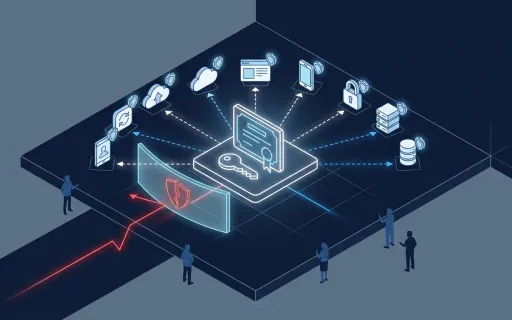Conceptual illustration of federated identity trust anchored by a central signing key connected to many applications, targeted by an attacker