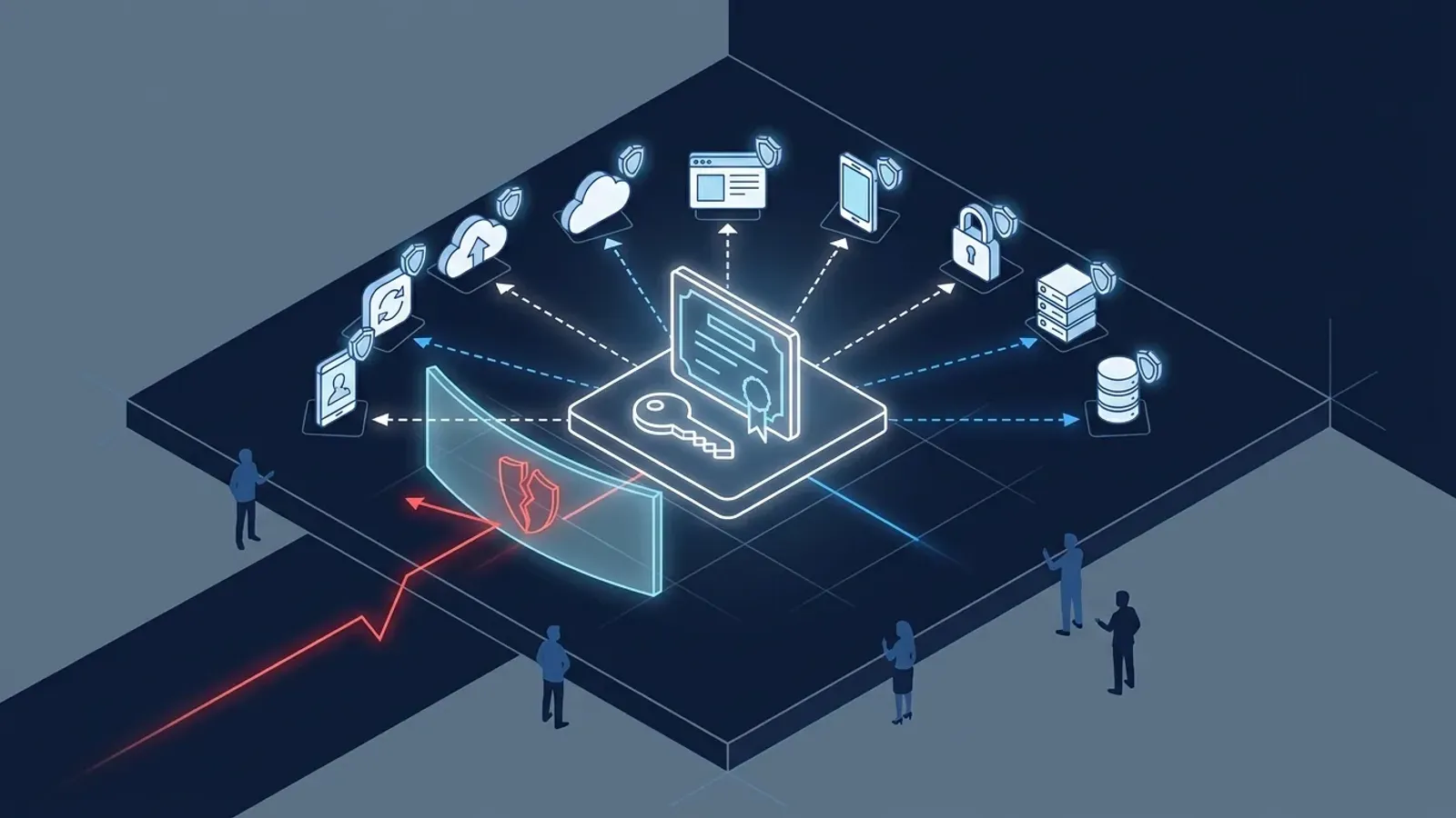 Conceptual illustration of federated identity trust anchored by a central signing key connected to many applications, targeted by an attacker