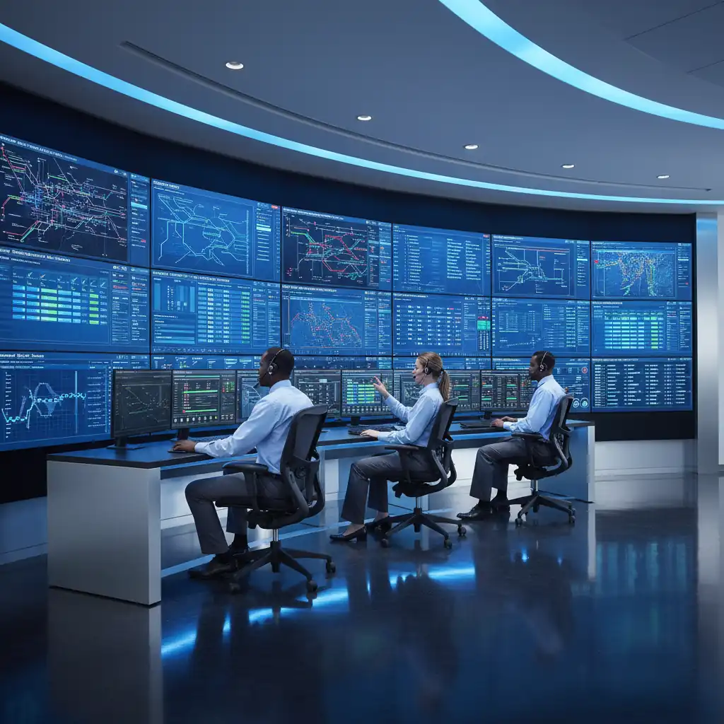 Managed IT services command center with professionals monitoring network dashboards and endpoint health metrics
