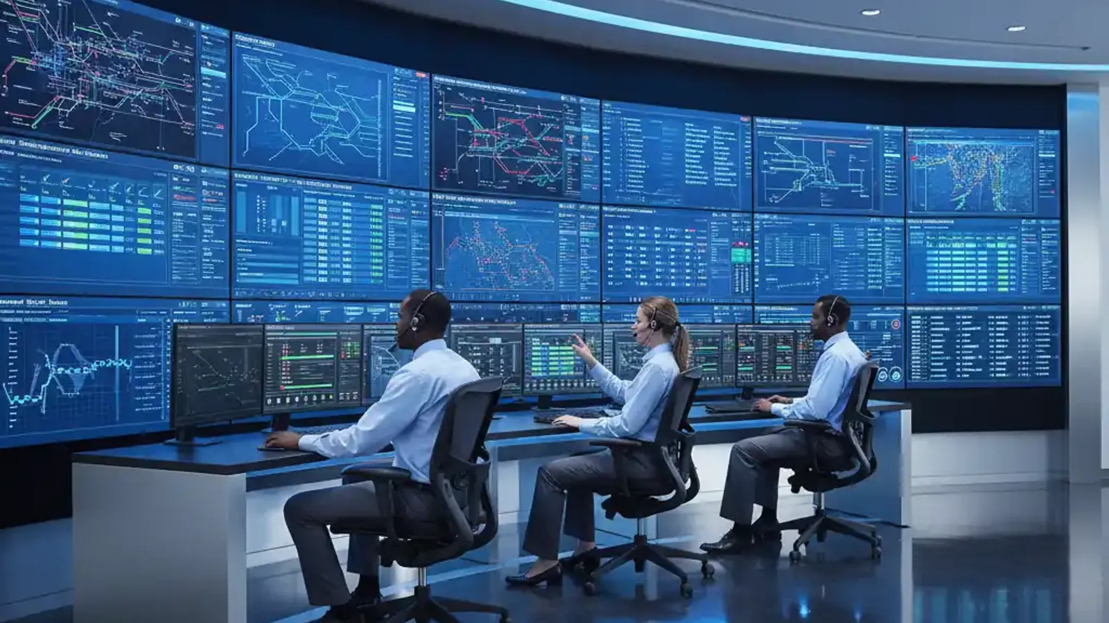 Managed IT services command center with professionals monitoring network dashboards and endpoint health metrics