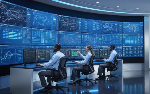 Managed IT services command center with professionals monitoring network dashboards and endpoint health metrics