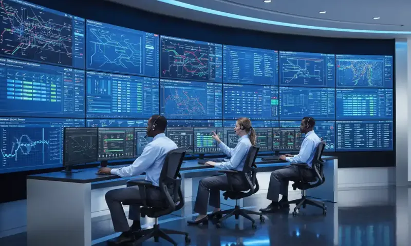 Managed IT services command center with professionals monitoring network dashboards and endpoint health metrics