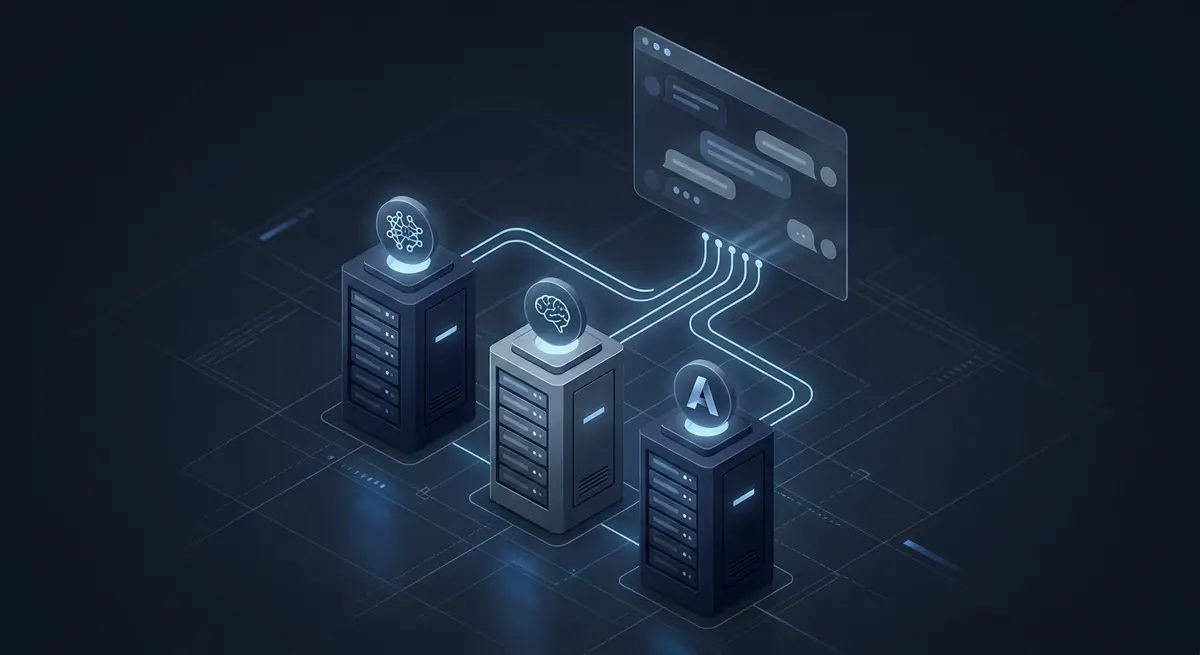 Isometric concept illustration of three Linux server hosts each running a distinct AI coding agent, all connected upward into a single shared Slack-style chat panel that serves as the operating surface