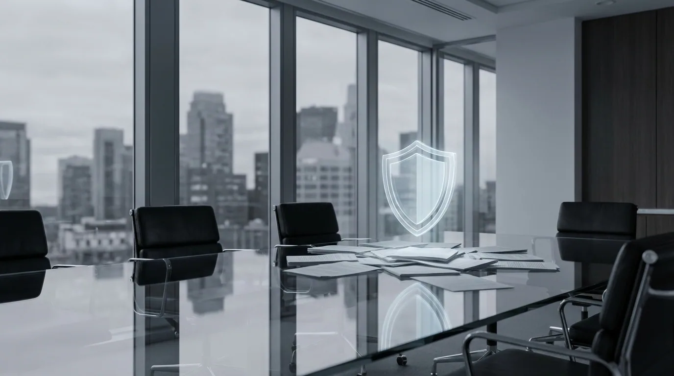 Modern law firm conference room with digital security shield protecting legal documents, representing cybersecurity protection for attorney-client privilege in 2026