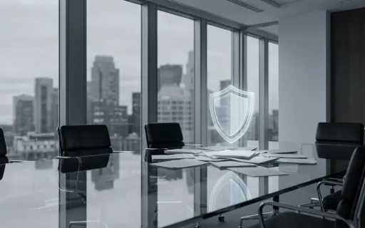 Modern law firm conference room with digital security shield protecting legal documents, representing cybersecurity protection for attorney-client privilege in 2026