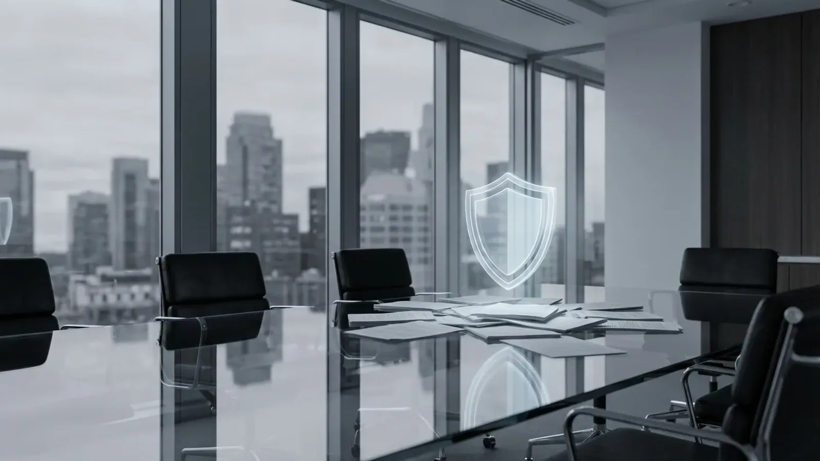 Modern law firm conference room with digital security shield protecting legal documents, representing cybersecurity protection for attorney-client privilege in 2026