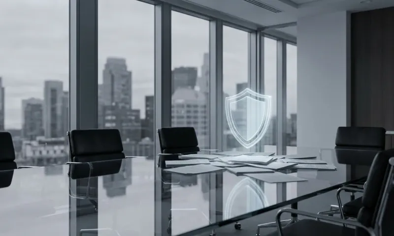 Modern law firm conference room with digital security shield protecting legal documents, representing cybersecurity protection for attorney-client privilege in 2026