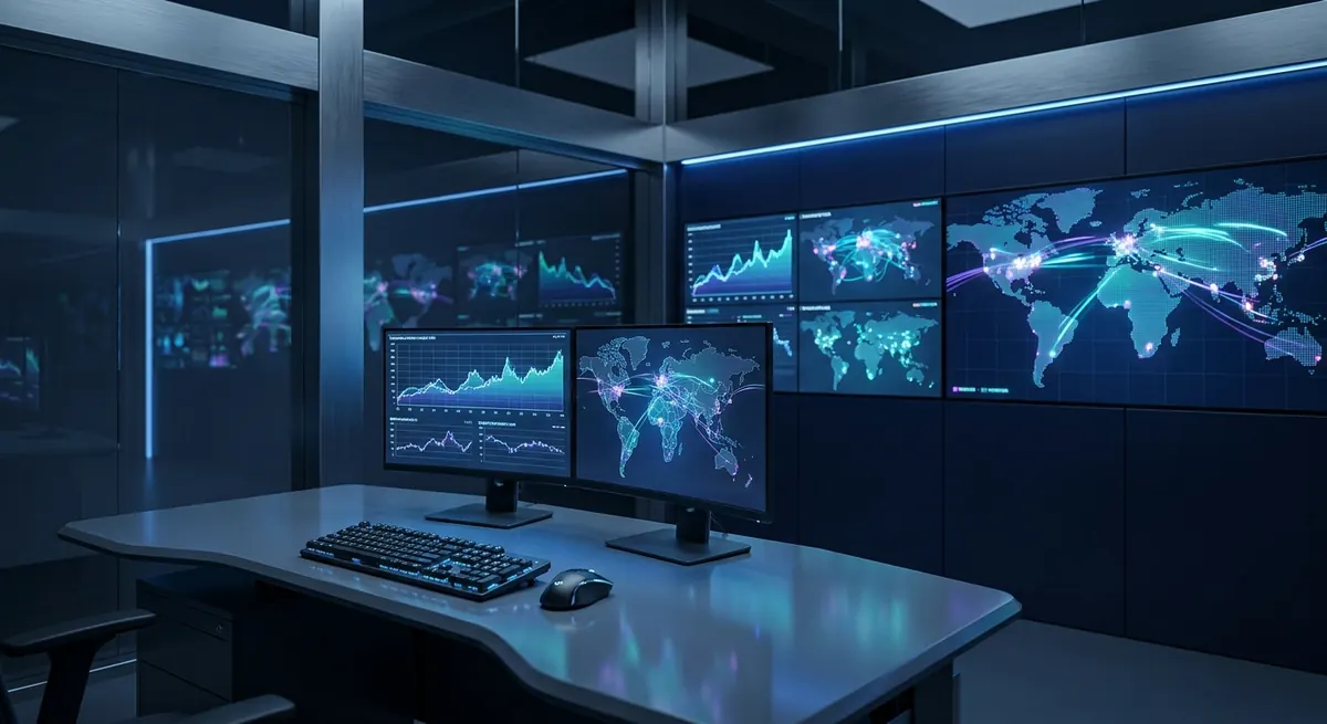 Security operations center with monitors displaying authentication dashboards and a global threat map for monitoring Entra sign-in anomalies