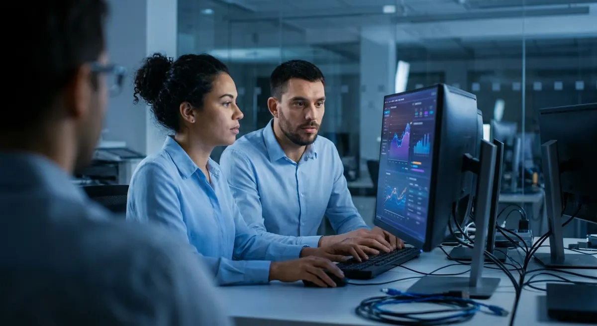 Two ITECS technicians seated side by side reviewing a support dashboard together on one monitor