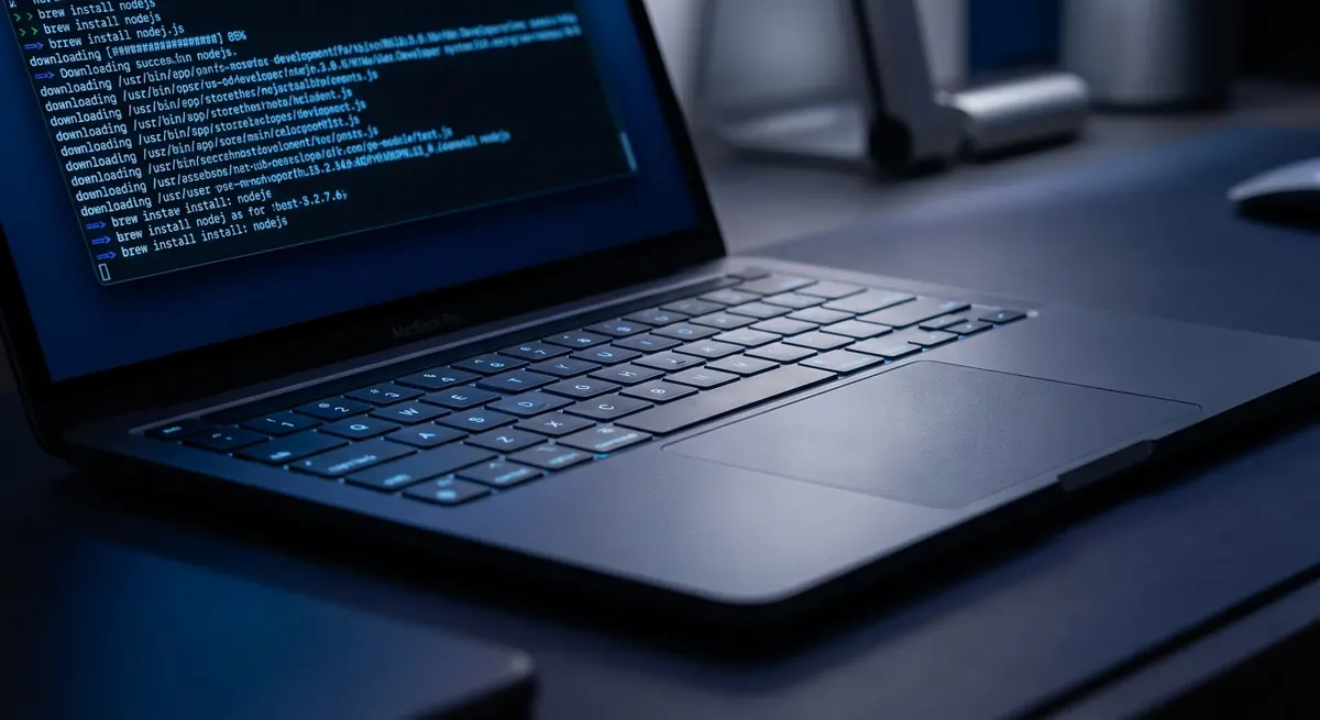 MacBook Pro keyboard close-up with terminal window on screen displaying Homebrew package manager commands and output