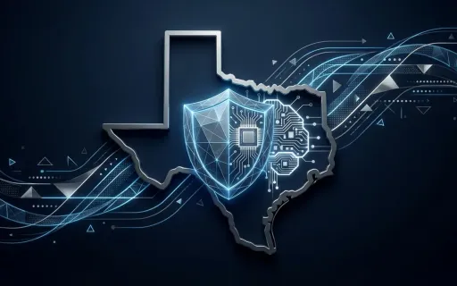 Abstract infographic showing the state of Texas outline overlaid with a digital shield and AI circuit brain symbol against a dark navy background