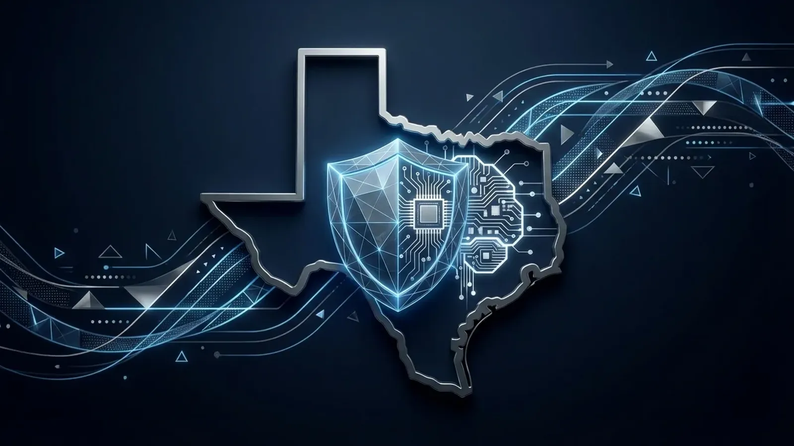 Abstract infographic showing the state of Texas outline overlaid with a digital shield and AI circuit brain symbol against a dark navy background