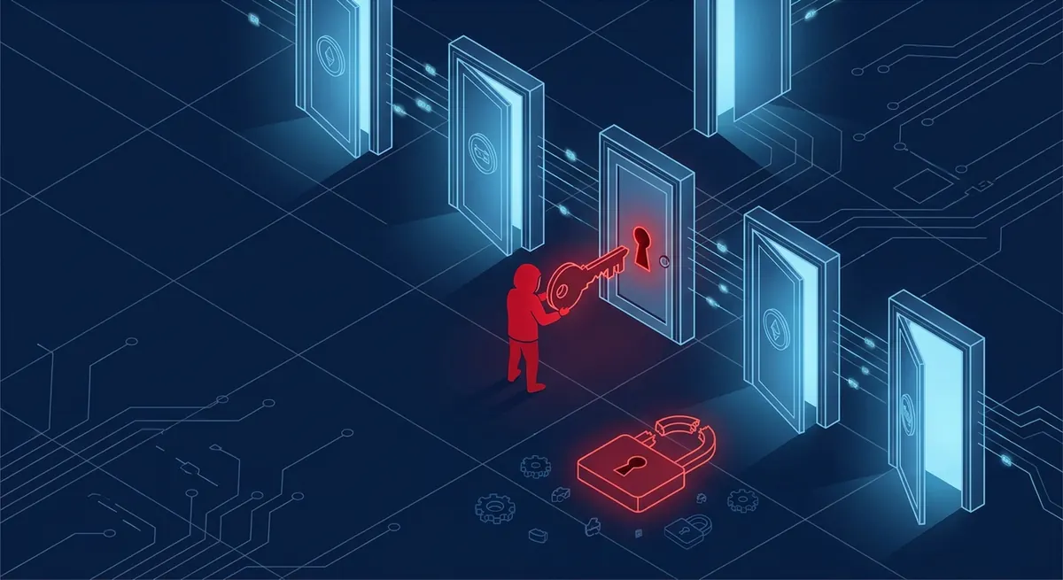Isometric illustration of an attacker using a stolen signing key as a skeleton key to open many federated application doors