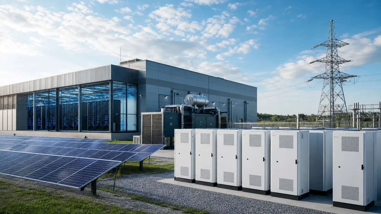 Solar panels, battery storage, a utility grid connection, and a modern data center
