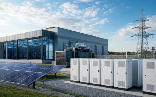 Solar panels, battery storage, a utility grid connection, and a modern data center