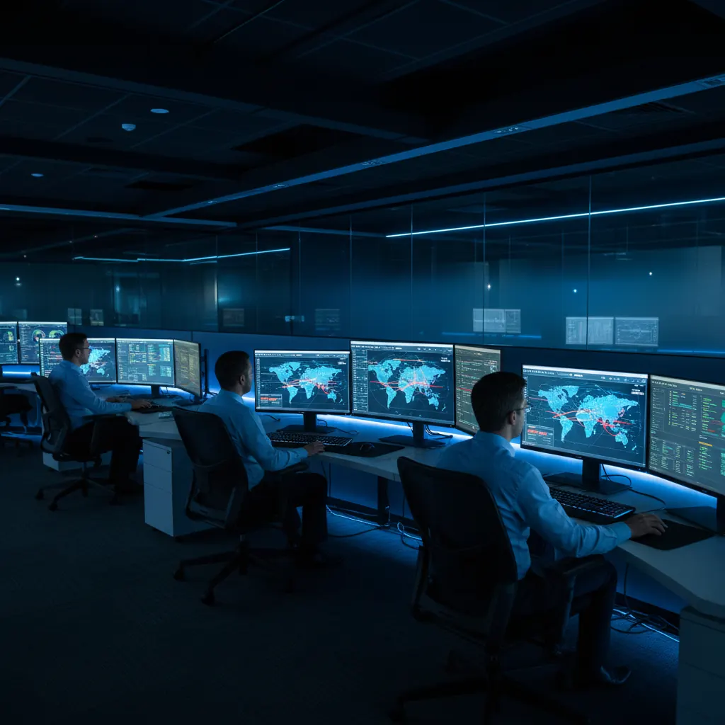 Cybersecurity operations center with IT professionals monitoring network threat dashboards and security alerts on multiple screens