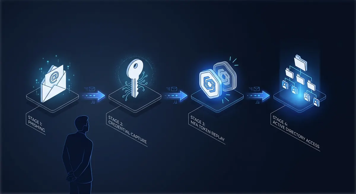 Conceptual isometric diagram showing the identity-first attack chain progressing from a phishing email to credential capture, to MFA token replay, to Active Directory reconnaissance