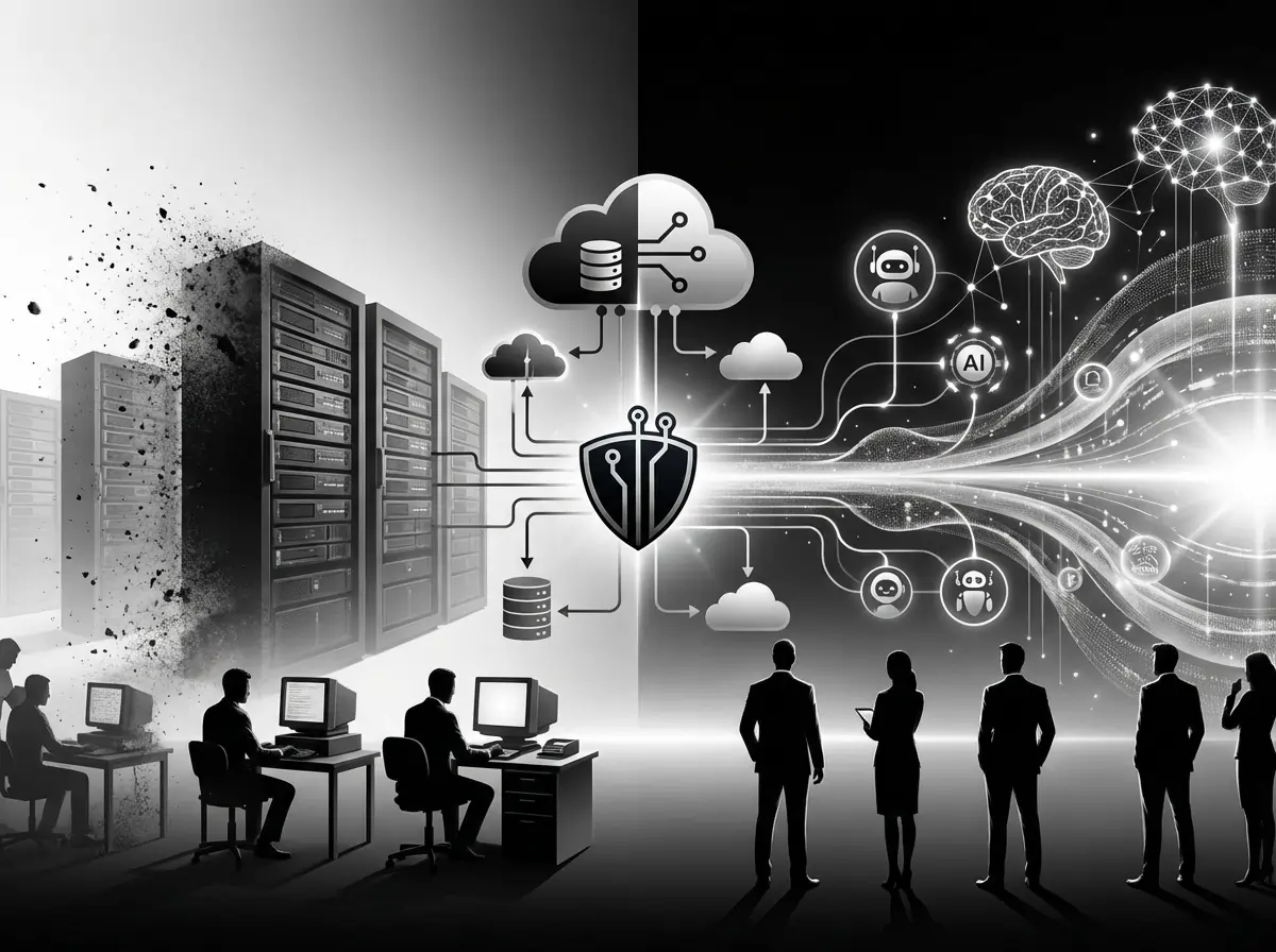 Dramatic timeline visualization depicting the evolution of managed IT services from traditional server infrastructure through cloud transformation to AI-powered autonomous systems, rendered in professional black and white tones with business silhouettes n