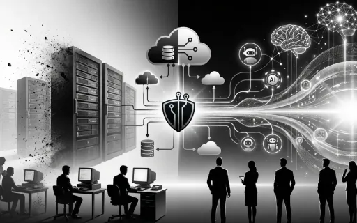 Dramatic timeline visualization depicting the evolution of managed IT services from traditional server infrastructure through cloud transformation to AI-powered autonomous systems, rendered in professional black and white tones with business silhouettes n