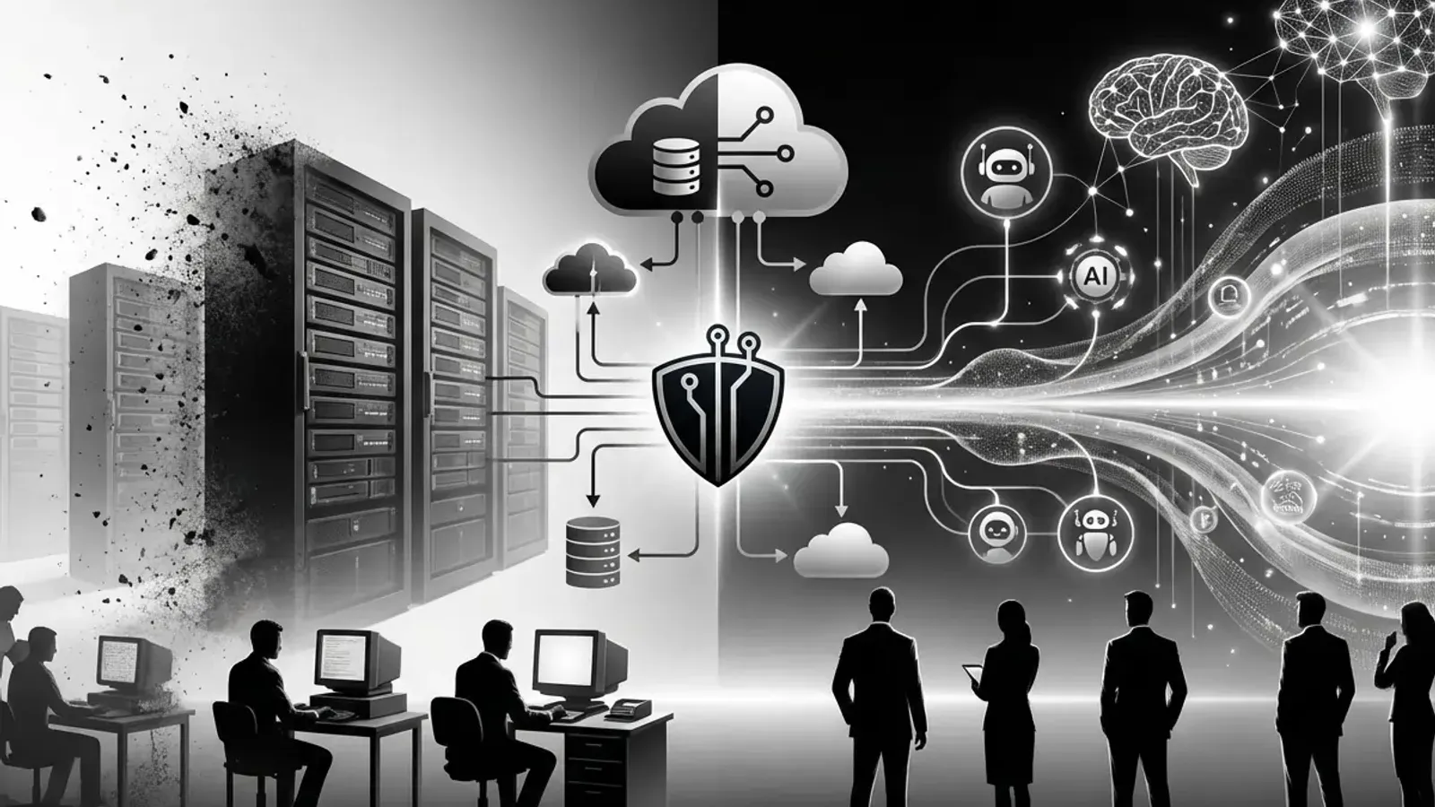 Dramatic timeline visualization depicting the evolution of managed IT services from traditional server infrastructure through cloud transformation to AI-powered autonomous systems, rendered in professional black and white tones with business silhouettes n