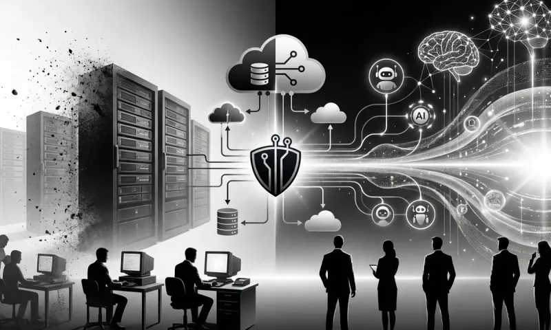 Dramatic timeline visualization depicting the evolution of managed IT services from traditional server infrastructure through cloud transformation to AI-powered autonomous systems, rendered in professional black and white tones with business silhouettes n
