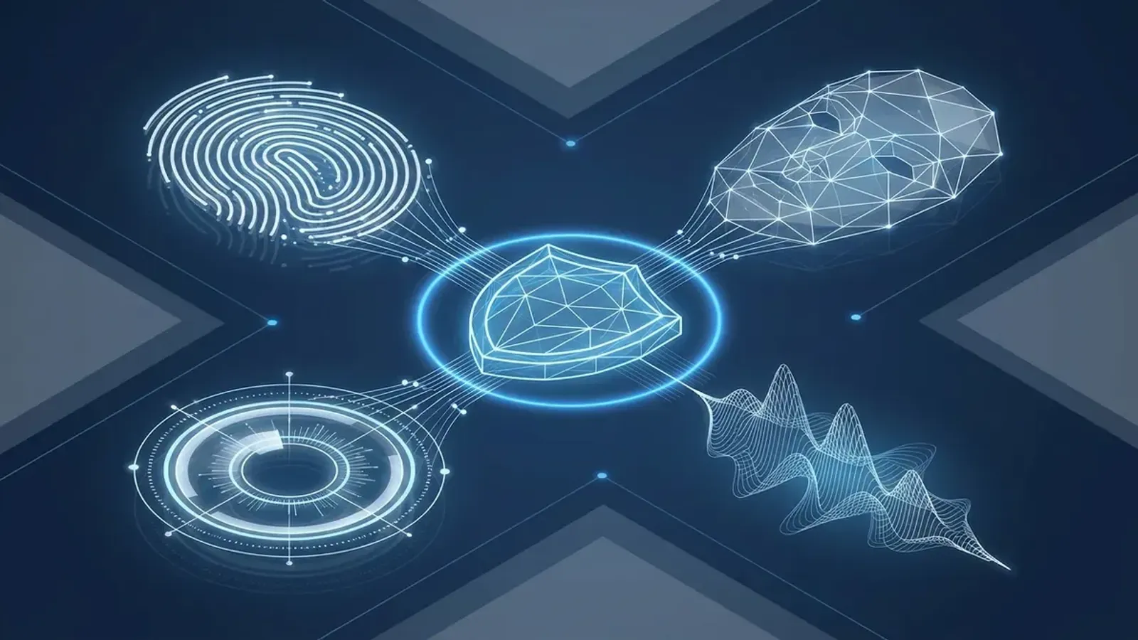 Conceptual visualization of biometric identifiers — fingerprint, facial geometry, iris scan, and voiceprint — converging into a regulatory shield