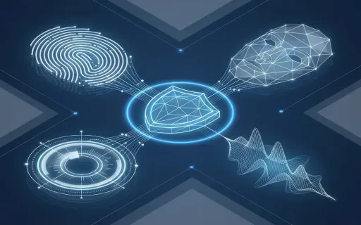 Conceptual visualization of biometric identifiers — fingerprint, facial geometry, iris scan, and voiceprint — converging into a regulatory shield