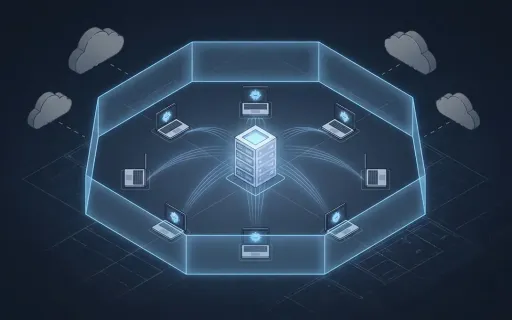Isometric conceptual visualization of a self-hosted file sync server distributing AI agent definitions to distributed workforce endpoints inside a translucent security boundary, with disconnected cloud services outside