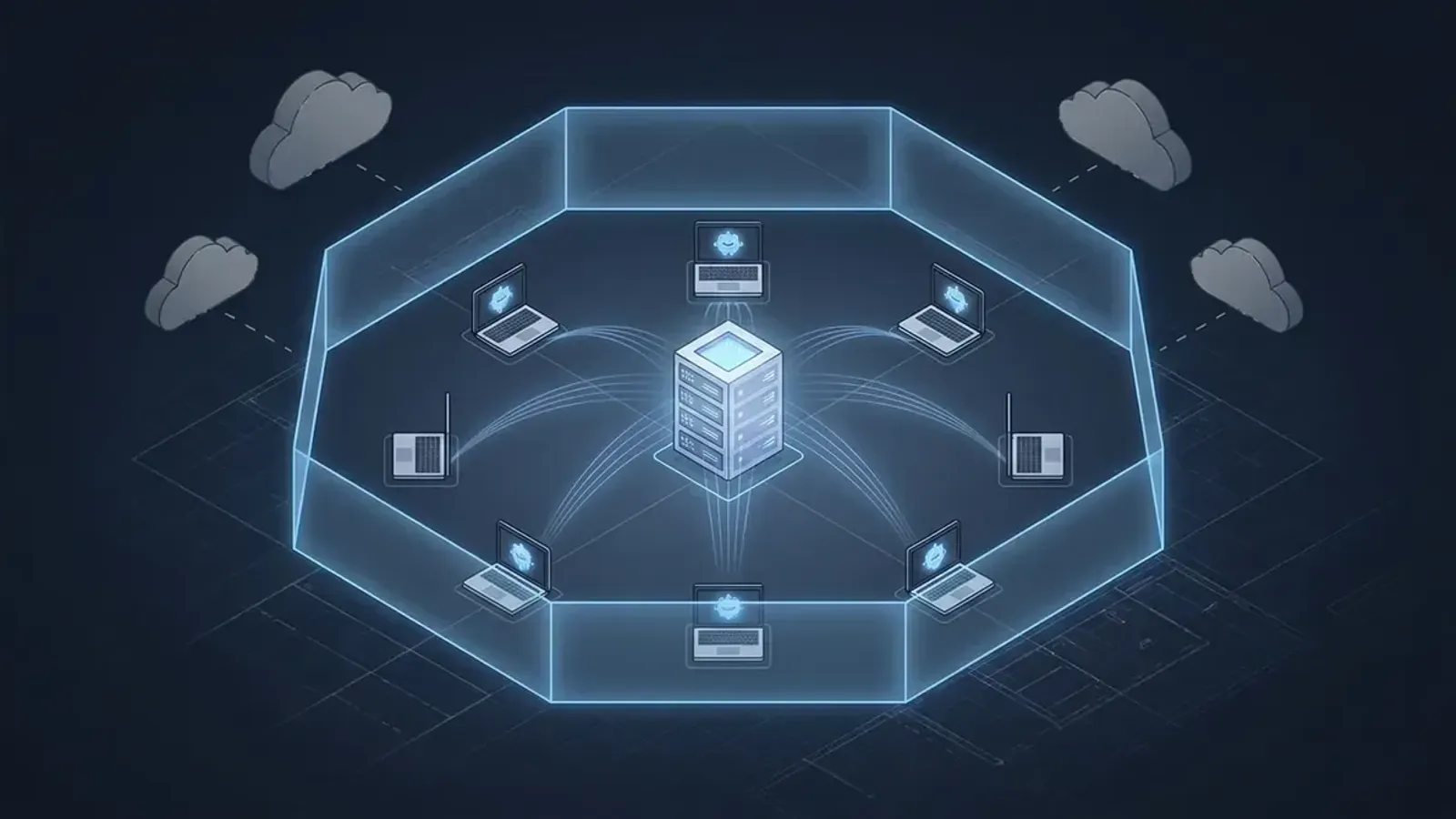 Isometric conceptual visualization of a self-hosted file sync server distributing AI agent definitions to distributed workforce endpoints inside a translucent security boundary, with disconnected cloud services outside