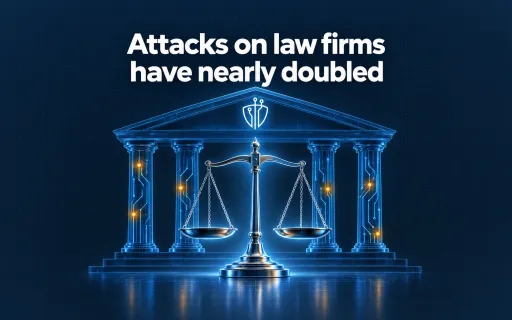 Headline “Attacks on law firms have nearly doubled” above a glass courthouse portico with circuit-traced columns, amber intrusion points and scales of justice.
