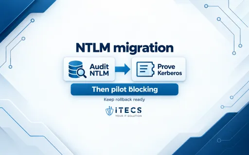 ITECS diagram: audit NTLM, prove Kerberos, then pilot blocking while keeping rollback ready.