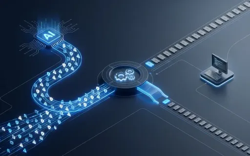 Isometric conceptual visualization of an AI-driven CVE discovery stream alongside a slower human ticket queue, bridged by a central human-in-the-loop integration point