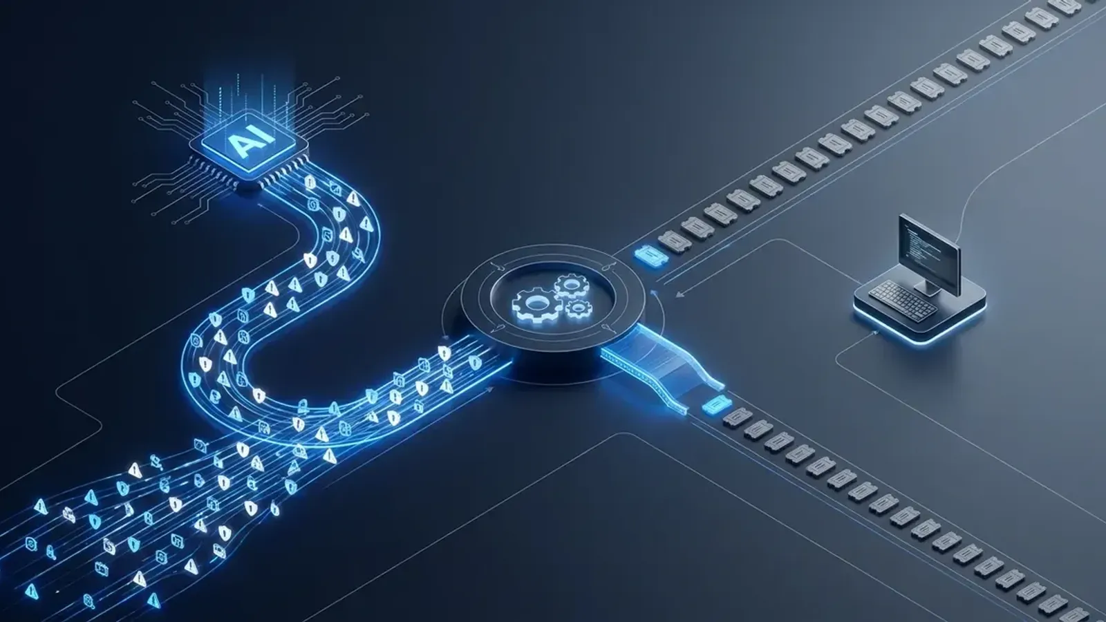 Isometric conceptual visualization of an AI-driven CVE discovery stream alongside a slower human ticket queue, bridged by a central human-in-the-loop integration point