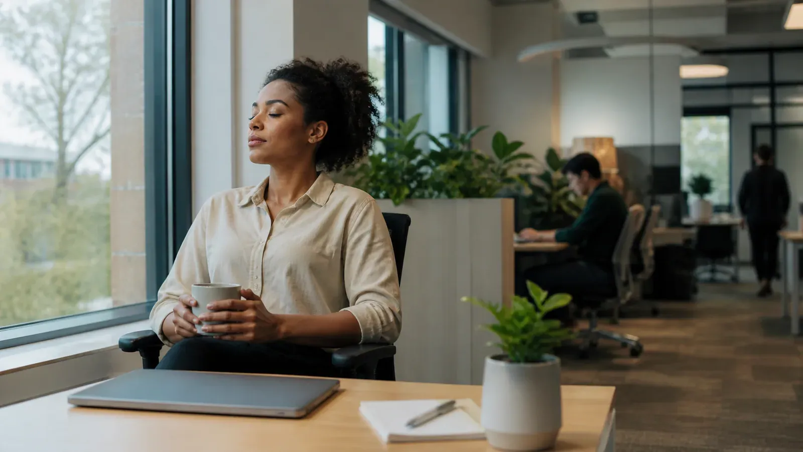 Office worker sits by a window with eyes closed while holding a mug beside a closed laptop