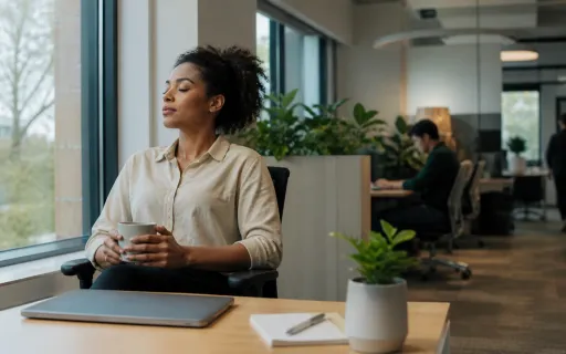 Office worker sits by a window with eyes closed while holding a mug beside a closed laptop